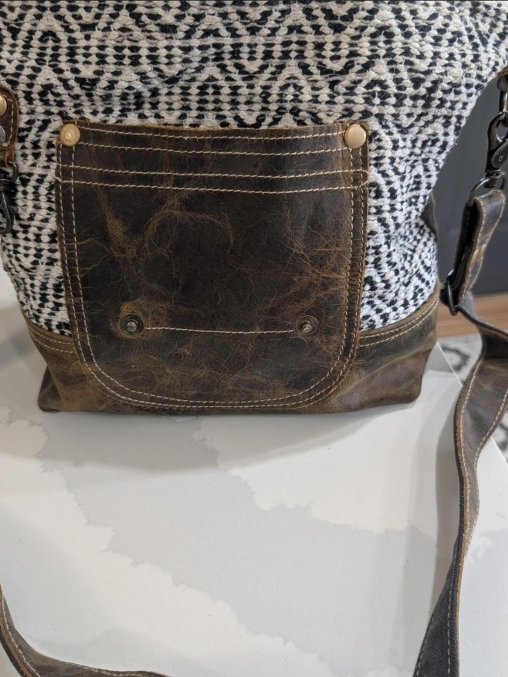 Myra Leather-Trim Black & White Woven Crossbody Bag